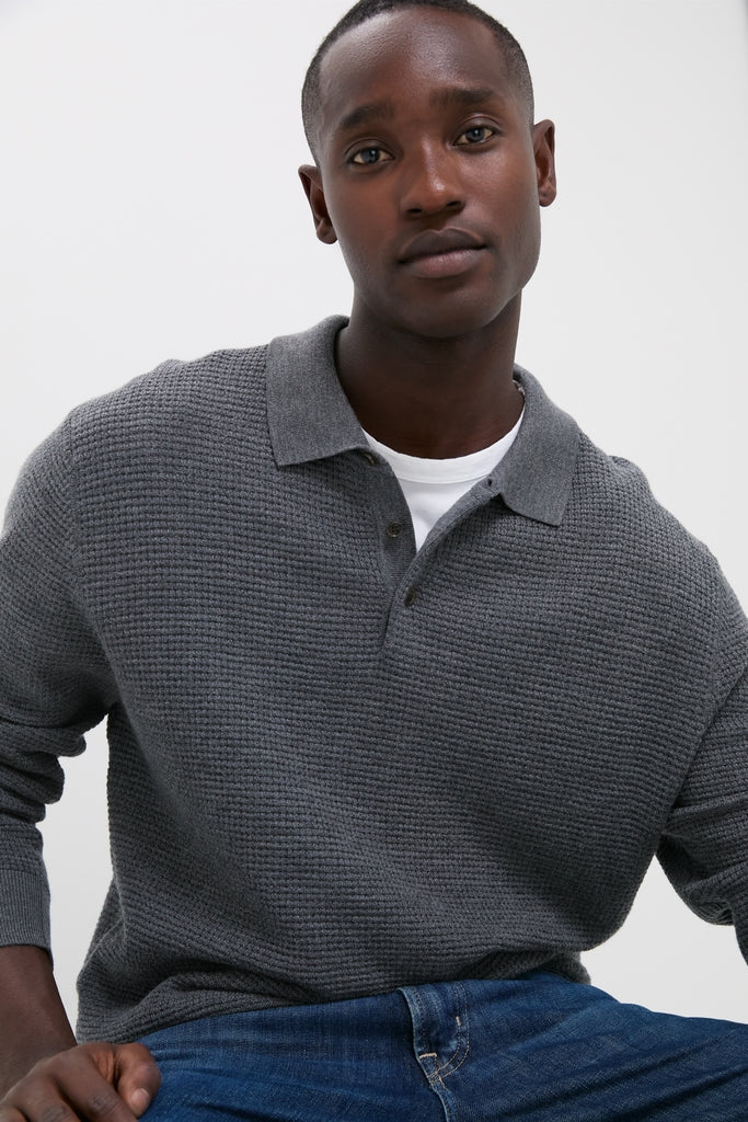 Charcoal Merino Waffle Polo