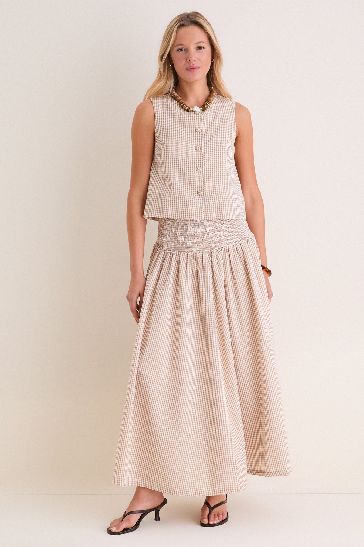 Cafe Check Smocked Maxi Skirt