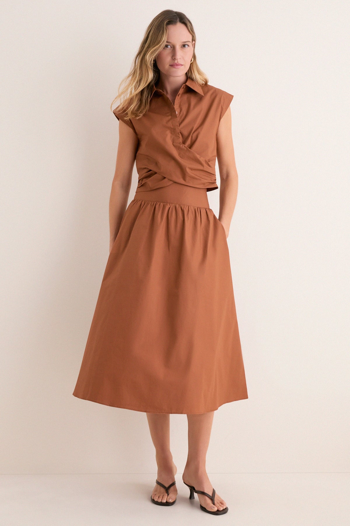 Camel Etienne Smocked Waist Gathered Midi Skirt