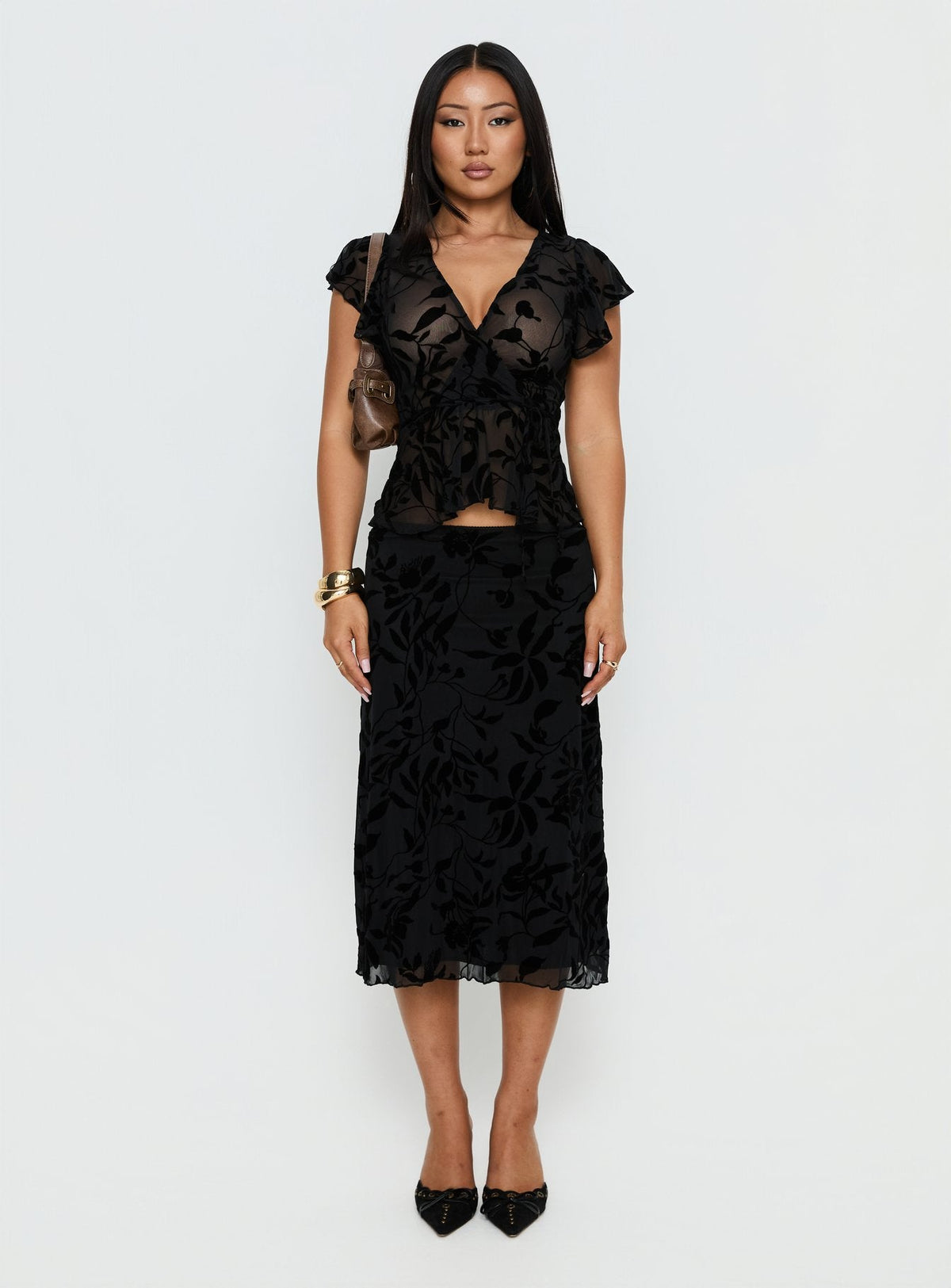 Atira Midi Skirt Leaf Flower Black