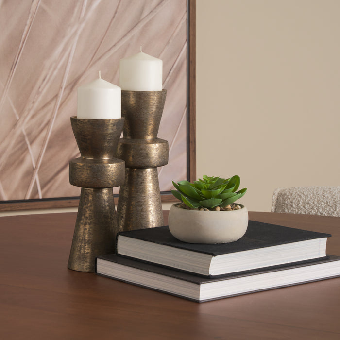 Odilia Small Textured Antiqued Gold Metal Geometric Pillar Candle Holder