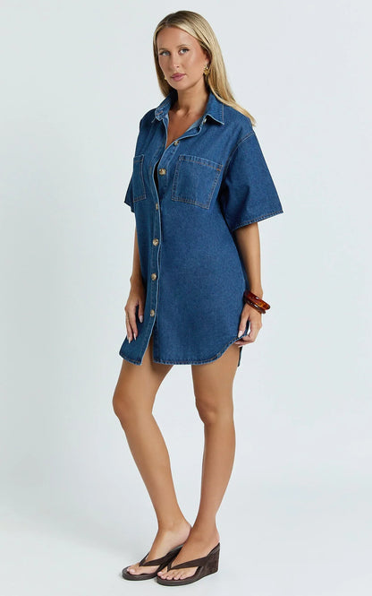 Richelle Mini Dress - Short Sleeve Denim Shirt Dress in Mid Blue