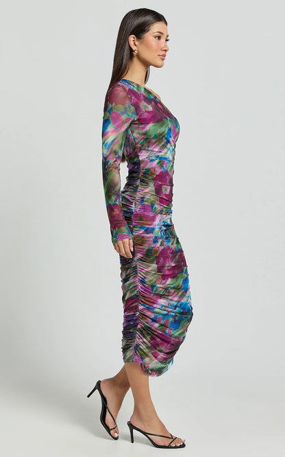 Pepper Midi Dress - One Shoulder Ruched Mesh Dress in Ethereal Iris Print