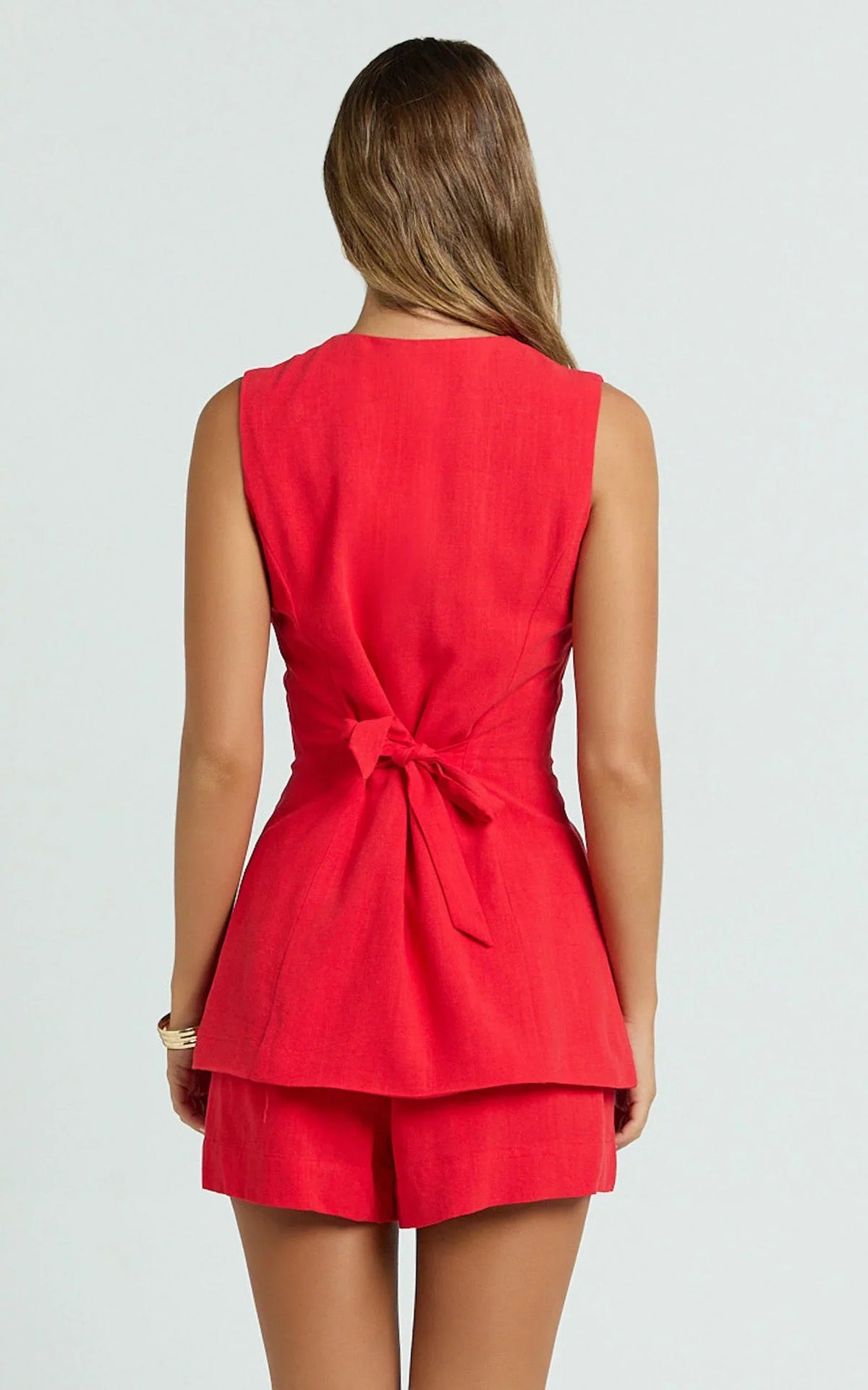 Olivia Top - Longline Linen V Neck Back Tie Vest Top in Red