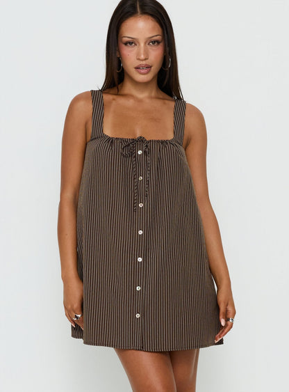 Bambalina Babydoll Mini Dress Brown Stripe