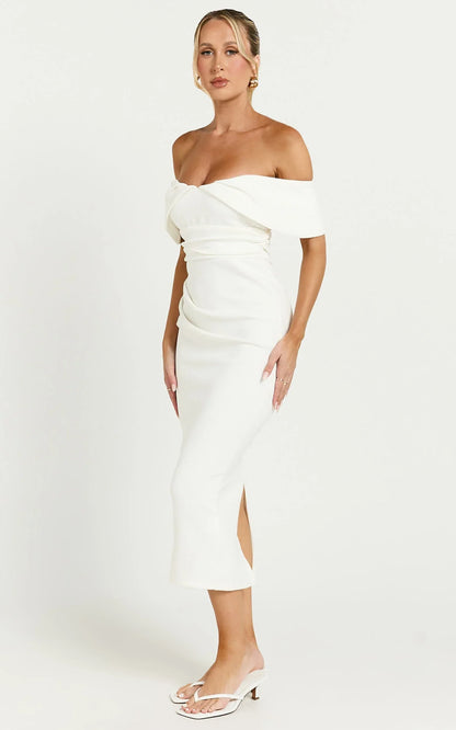 Noraly Midi Dress - Off The Shoulder Slip Dress in White