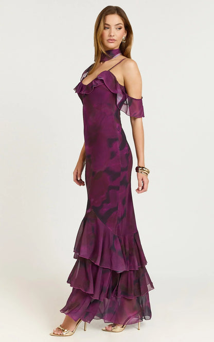 Riley Maxi Dress - Asymmetric Ruffle Detail Maxi Dress in Royal Adeana