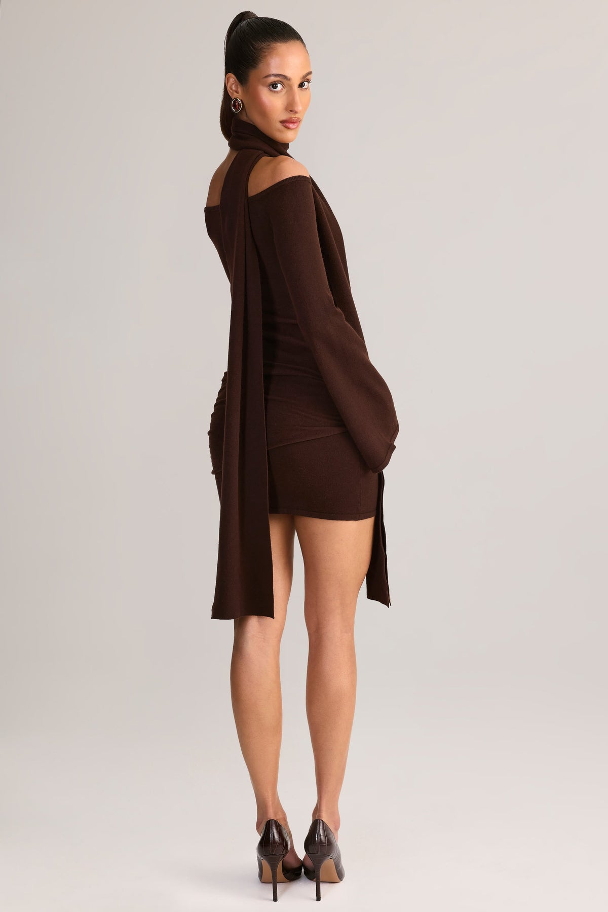 Knit Scarf-Detail Off-Shoulder Mini Dress in Chocolate Brown