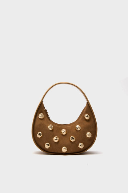 Camel Finn Studded Suede Shoulder Bag