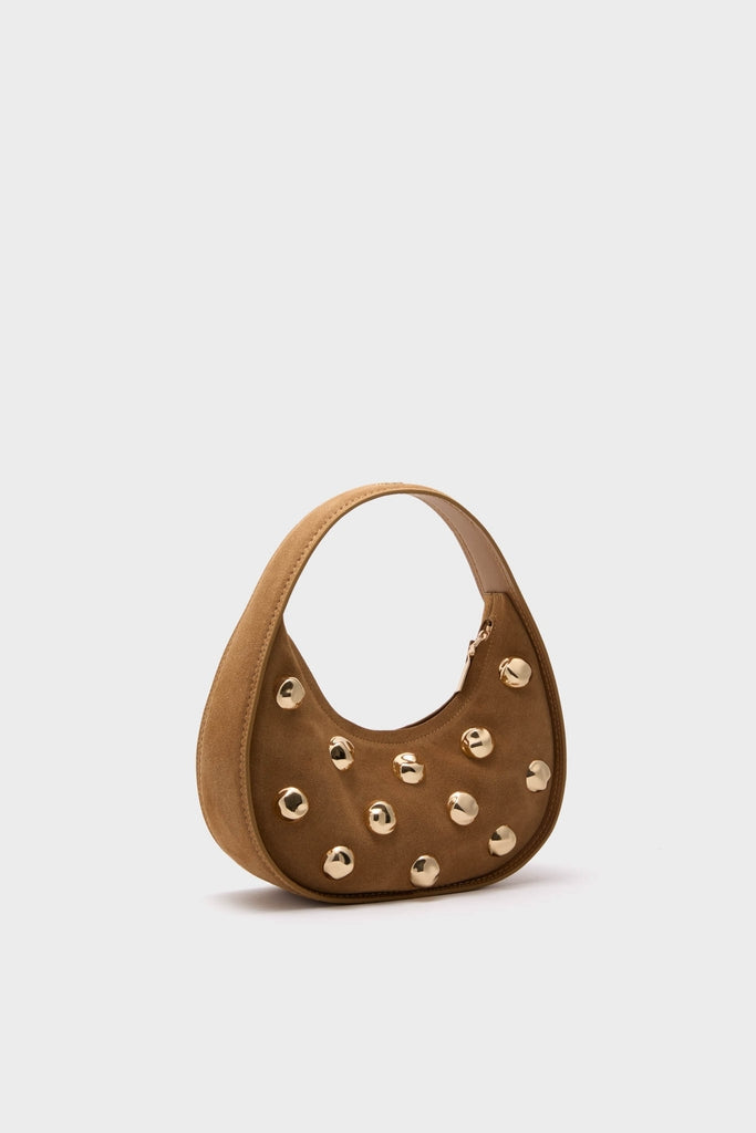 Camel Finn Studded Suede Shoulder Bag