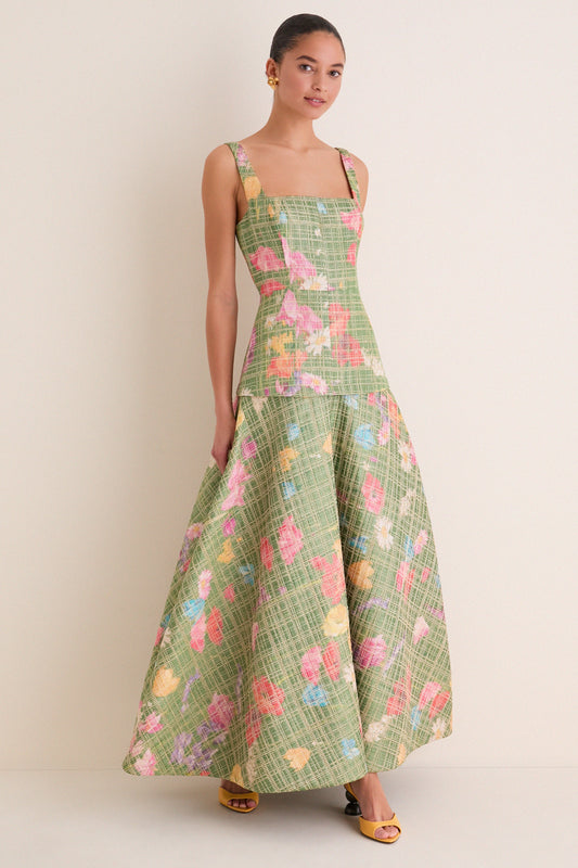 Cactus Multi Floral Raffia Poplin Square Neck Dress