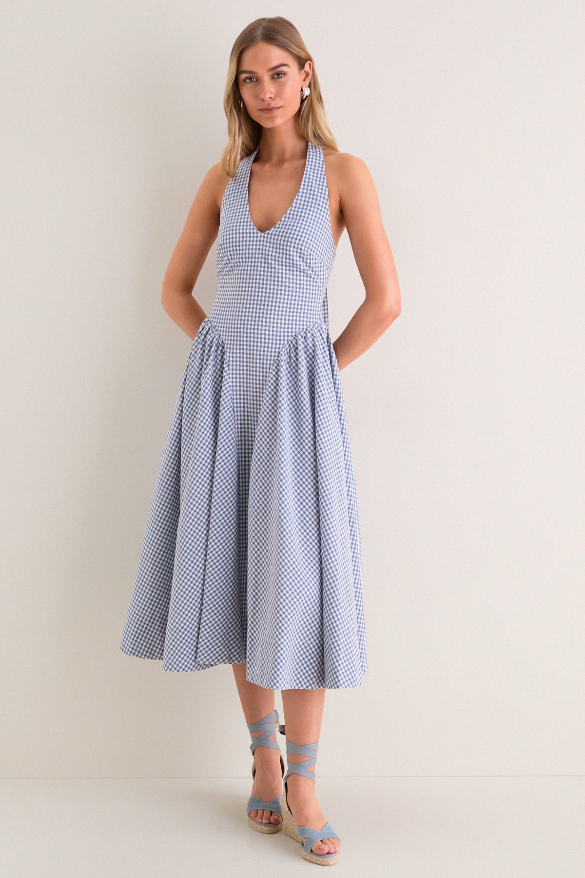 Blue Gingham Meana Halter Midi Dress
