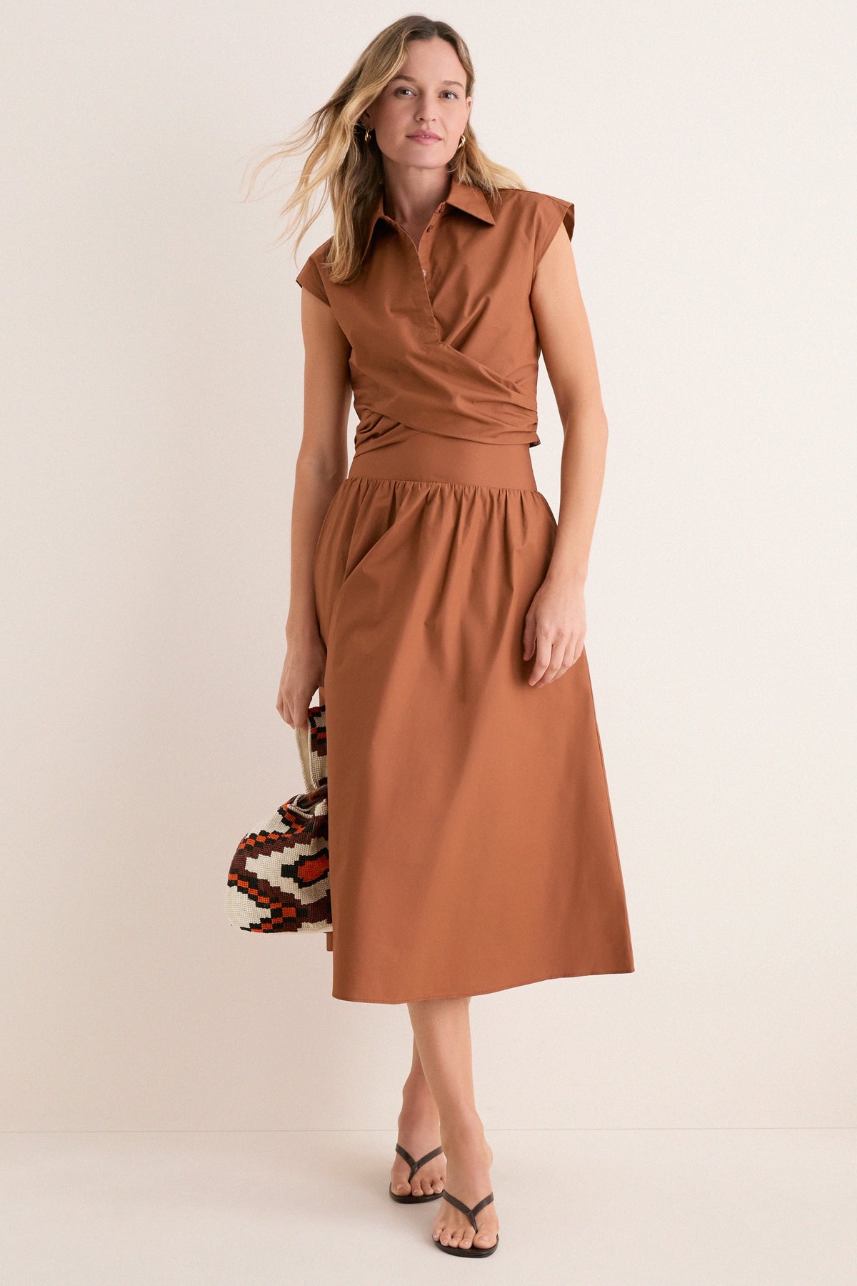 Camel Eloise Wrap Front Extended Shoulder Poplin Top
