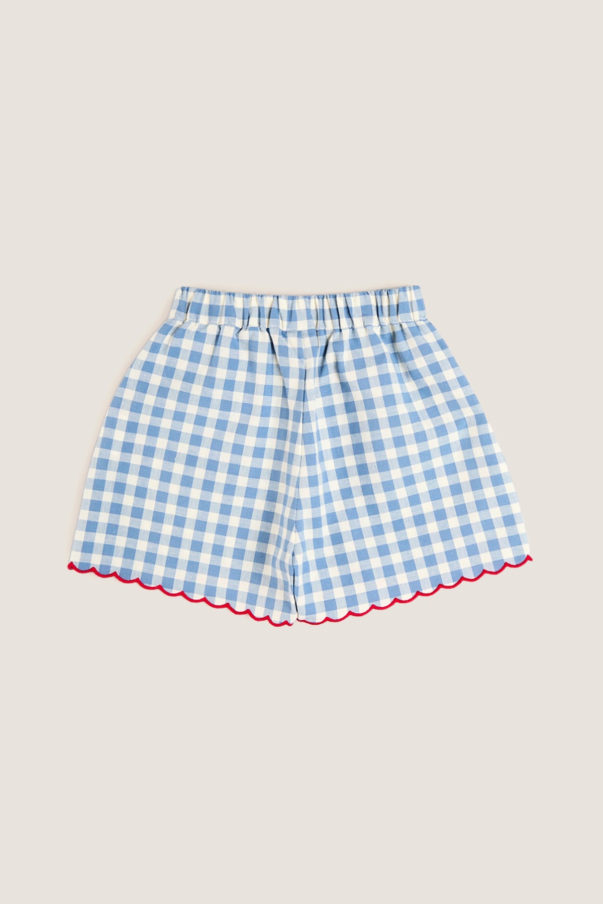 Blue Gingham Shorts with Red Trim