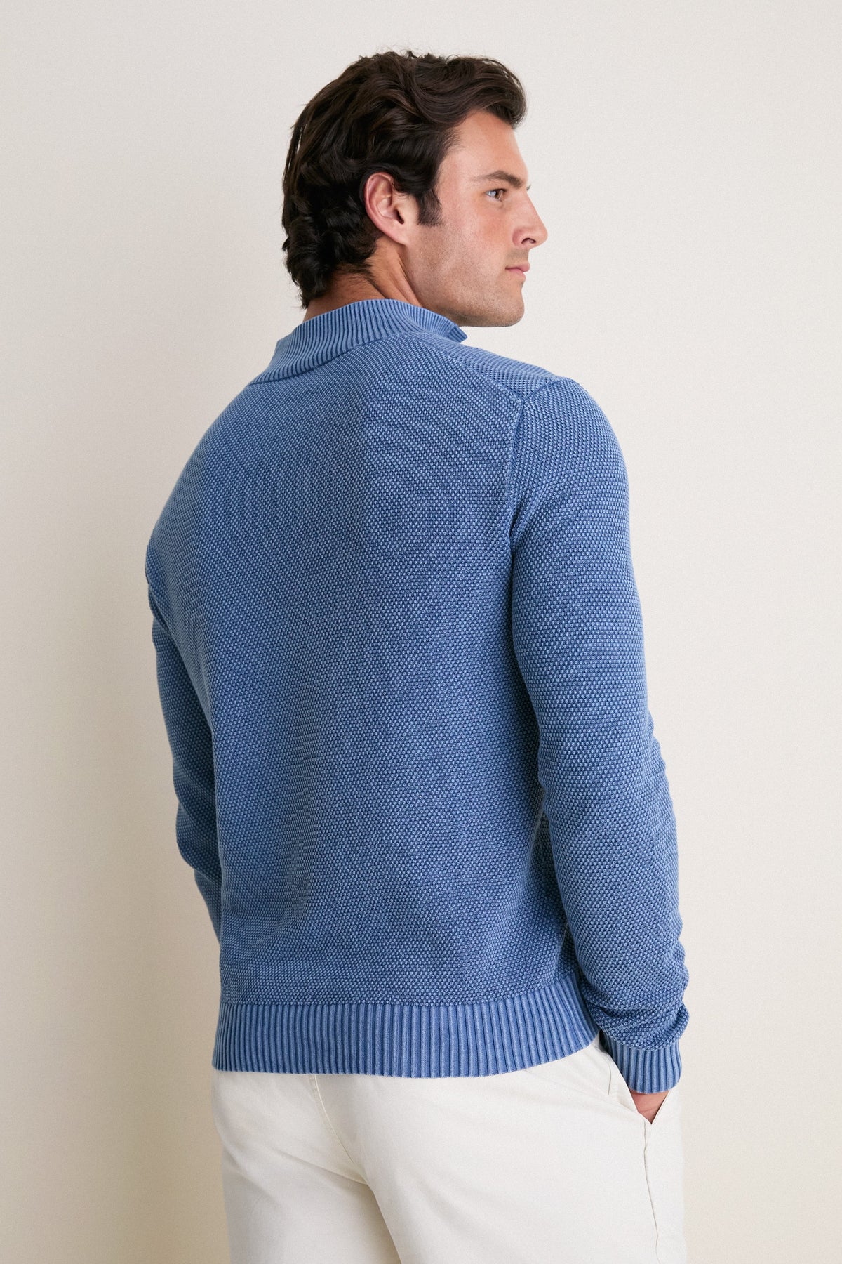 Chambray Blue Birdseye Cotton Split-Neck Sweater