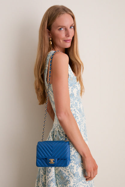 CHANEL V Stitch Blue Chevron Single Flap Chain Bag