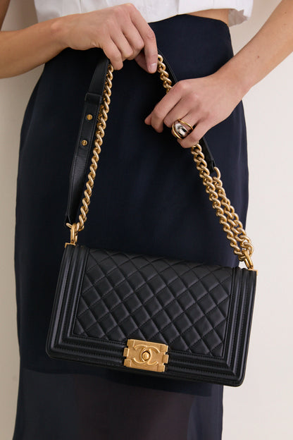 CHANEL Black and Gold Boy Chanel 25 Chain Shoulder Bag