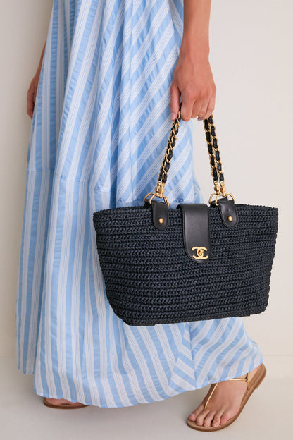 CHANEL Navy Blue Coco Mark X Leather Chain Tote Bag