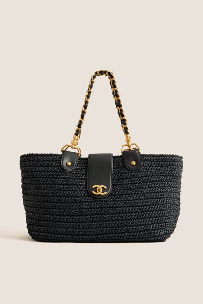 CHANEL Navy Blue Coco Mark X Leather Chain Tote Bag