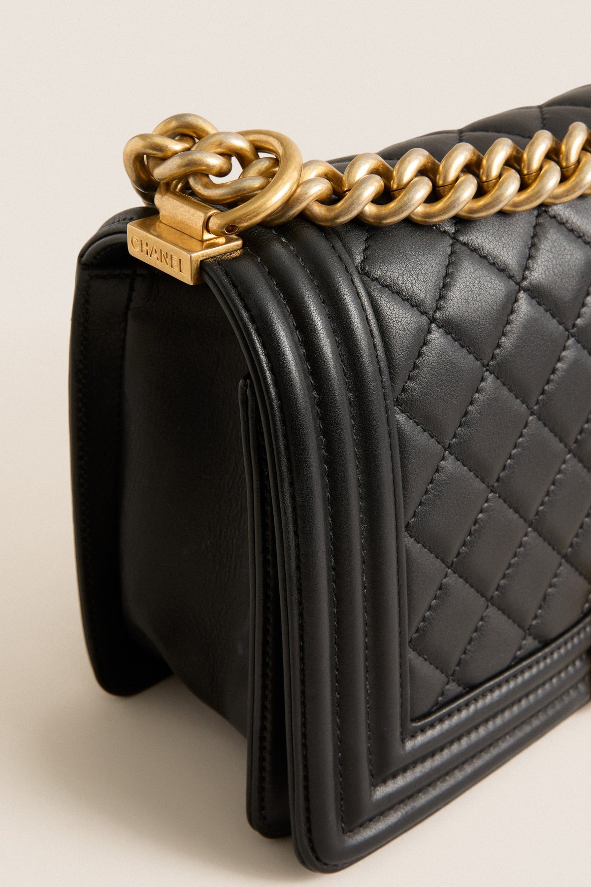 CHANEL Black and Gold Boy Chanel 25 Chain Shoulder Bag