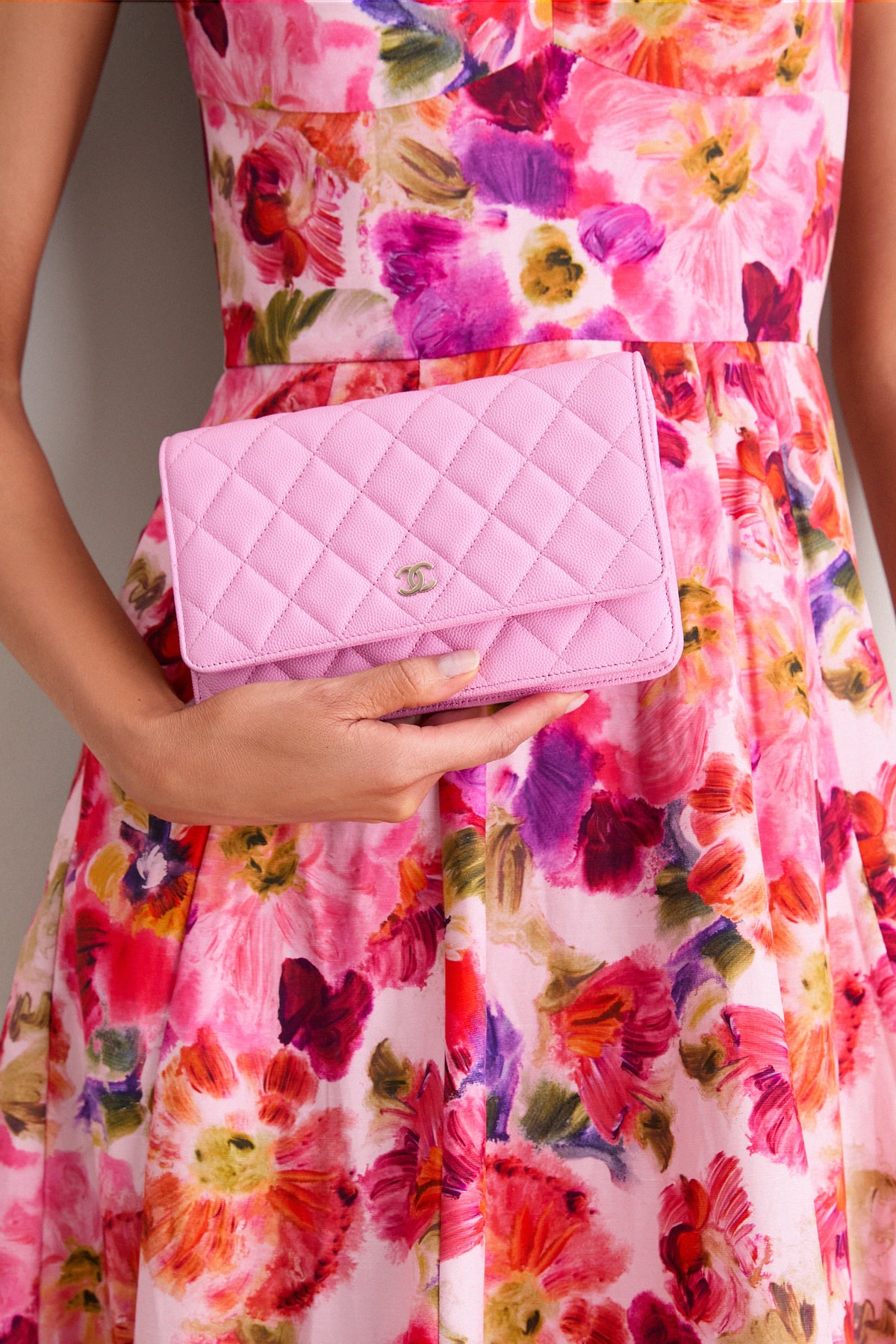 CHANEL Pink Quilted Grained Calfskin Wallet On Chain Shoulder Bag