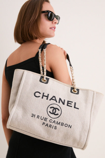 CHANEL Beige Black Canvas Deauville Tote Bag