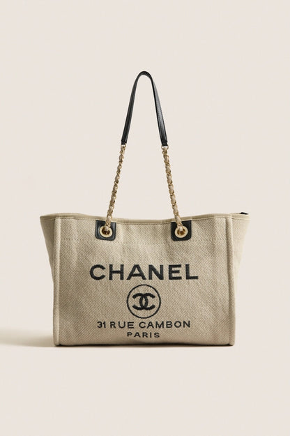 CHANEL Beige Black Canvas Deauville Tote Bag