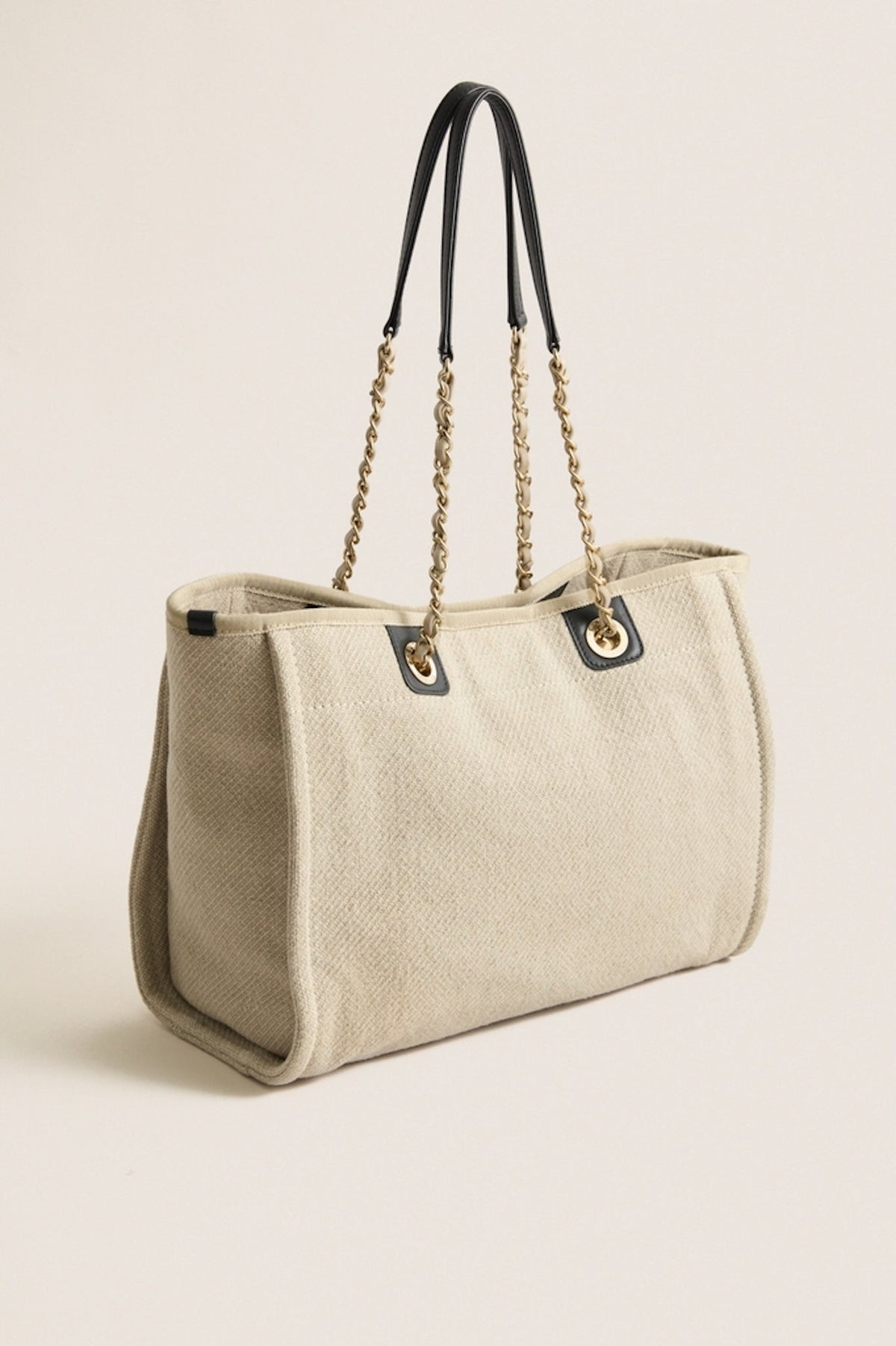 CHANEL Beige Black Canvas Deauville Tote Bag