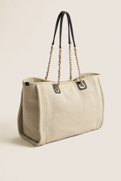 CHANEL Beige Black Canvas Deauville Tote Bag