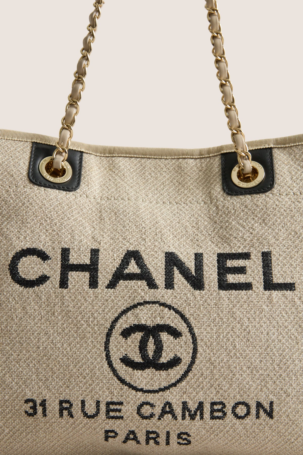 CHANEL Beige Black Canvas Deauville Tote Bag