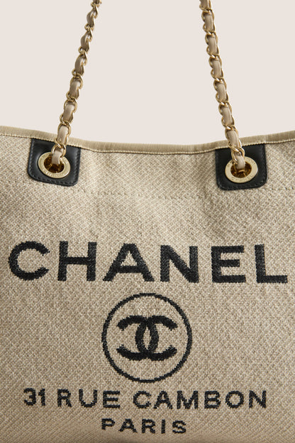 CHANEL Beige Black Canvas Deauville Tote Bag