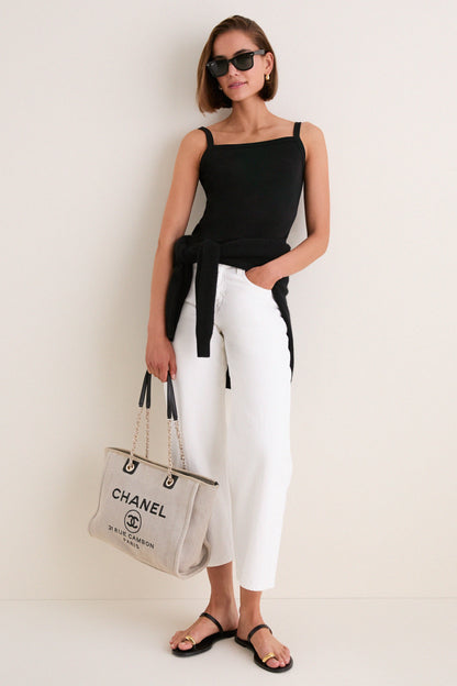 CHANEL Beige Black Canvas Deauville Tote Bag