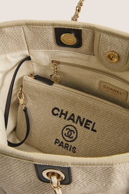 CHANEL Beige Black Canvas Deauville Tote Bag