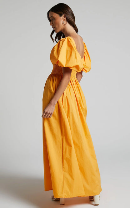 Raiza Midi Dress - Shirred Waist Puff Sleeve Dress in MARIGOLD