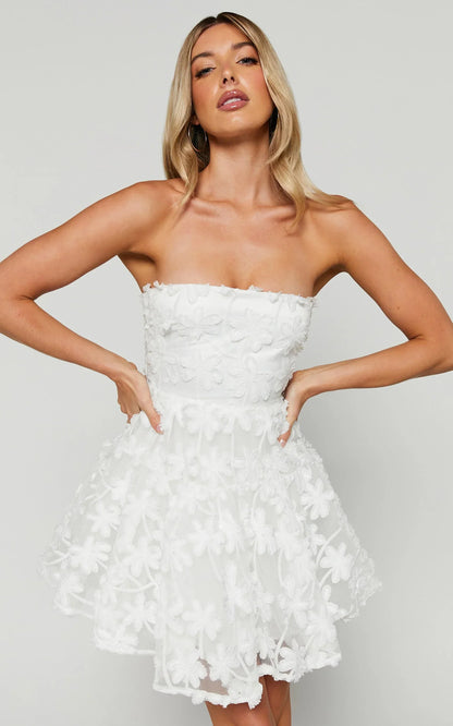 Rheiva Mini Dress - Strapless 3D Embroidery Dress in White