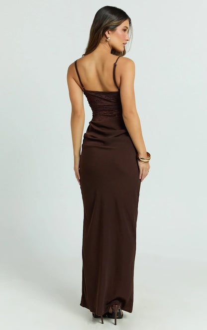 Rania Maxi Dress - Contrast Lace Bodice Bias Cowl Drop Waist Dress in Chocolate
