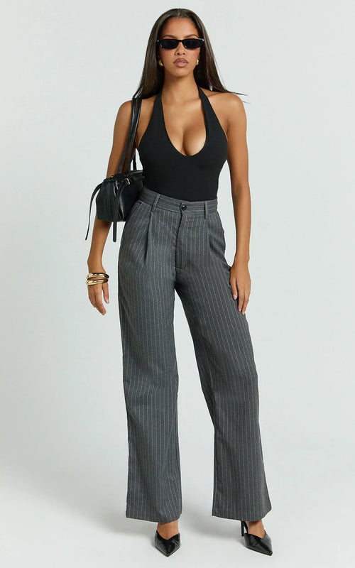 Nora Pants - Pinstripe Tailored Relaxed Pants in Grey Pinstripe