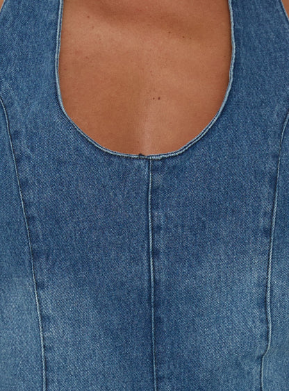 Ardenia Halter Denim Romper Mid Blue Wash