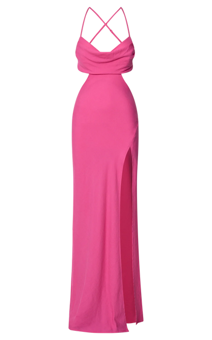 Reviena Maxi Dress - Cut Out Cowl Neck Dress in Hot Pink
