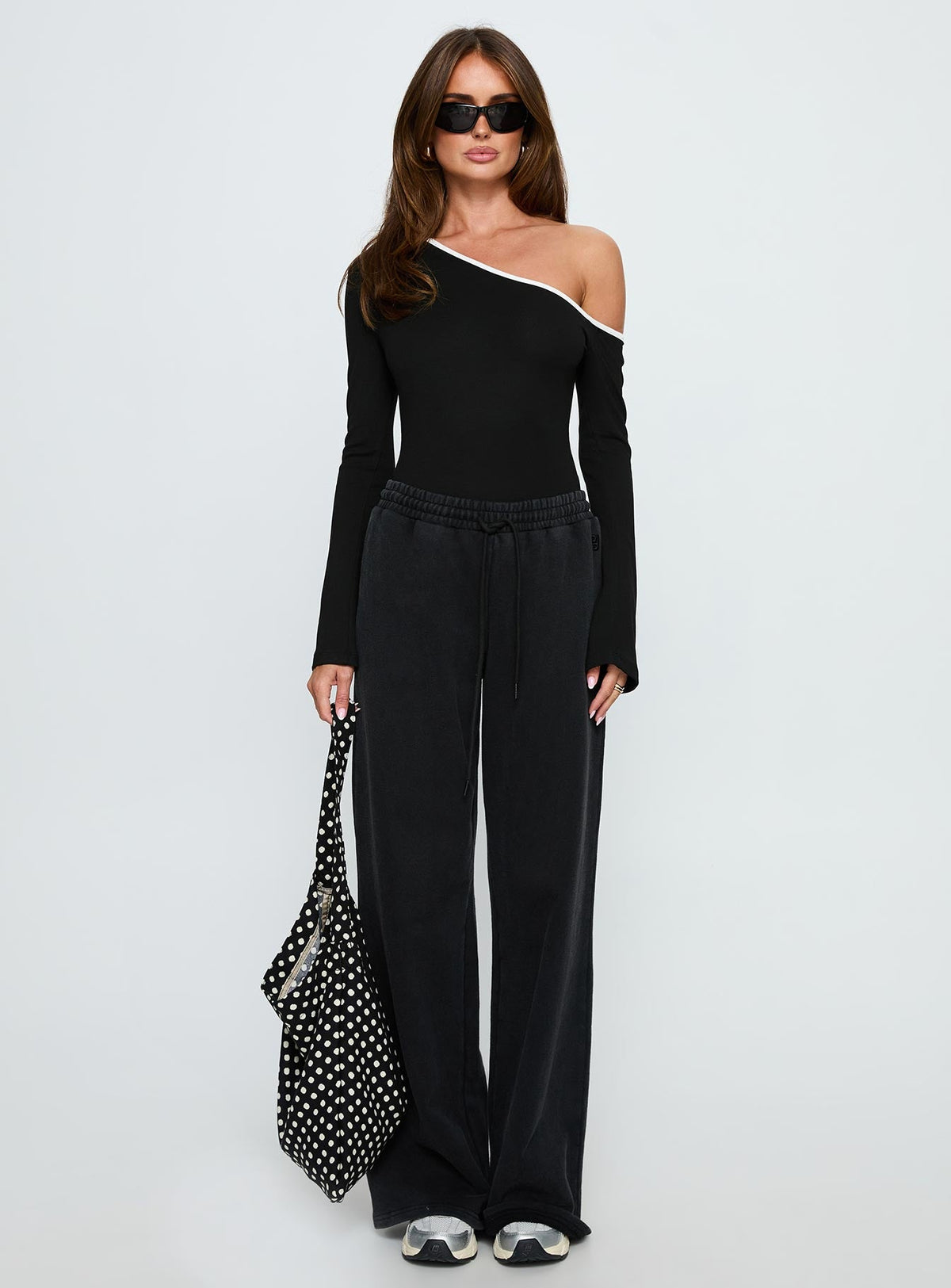 Andrielle One Shoulder Long Sleeve Bodysuit Black / White