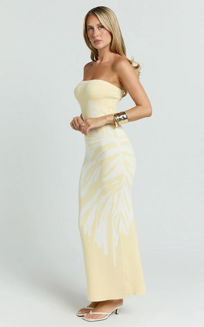 Rema Maxi Dress - Intarsia Floral Strapless Knitted Dress in Lemon