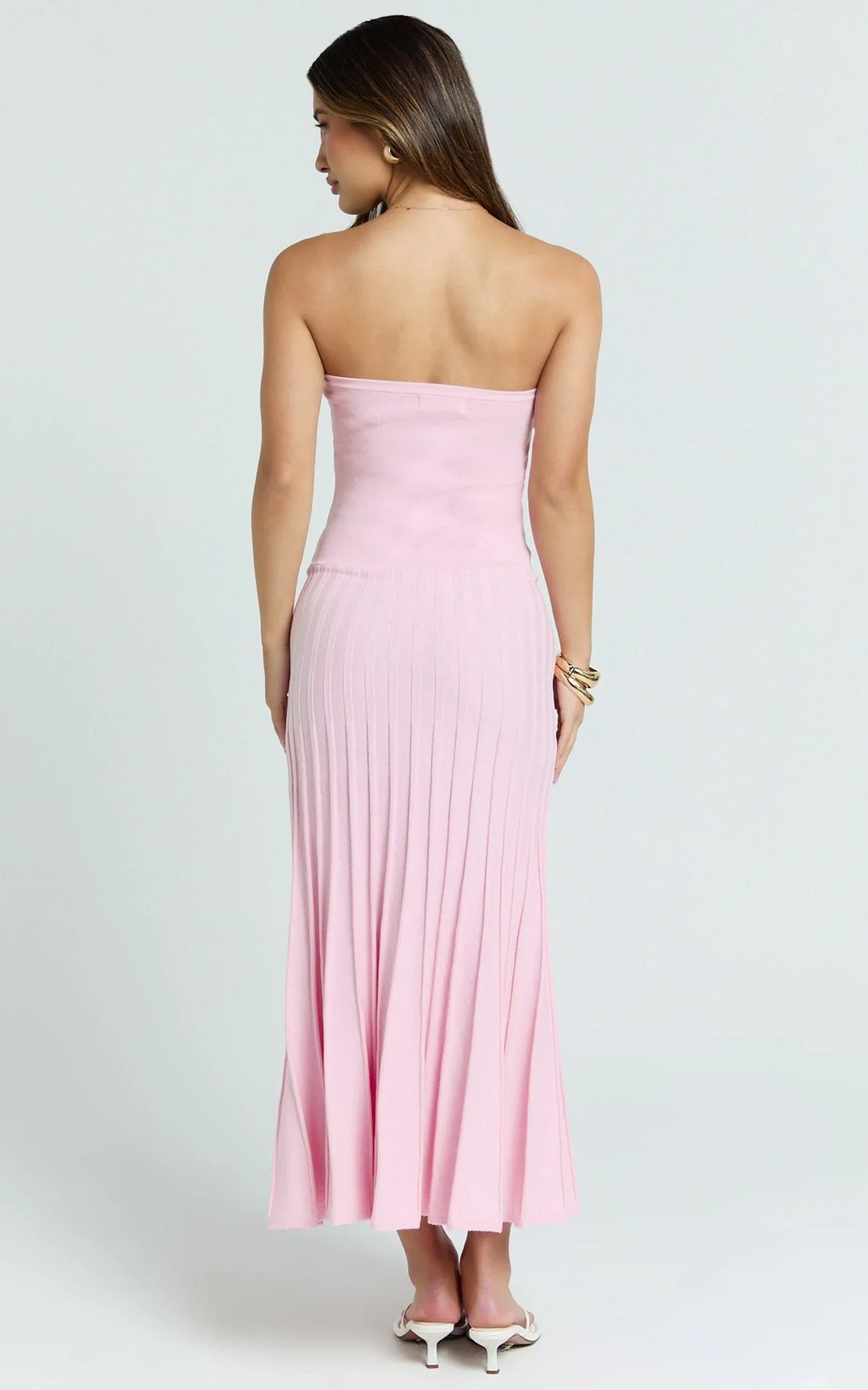Paris Midi Dress - Strapless Drop Waist Pleated Knit Dress in Pink