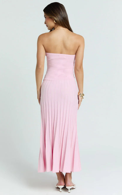 Paris Midi Dress - Strapless Drop Waist Pleated Knit Dress in Pink