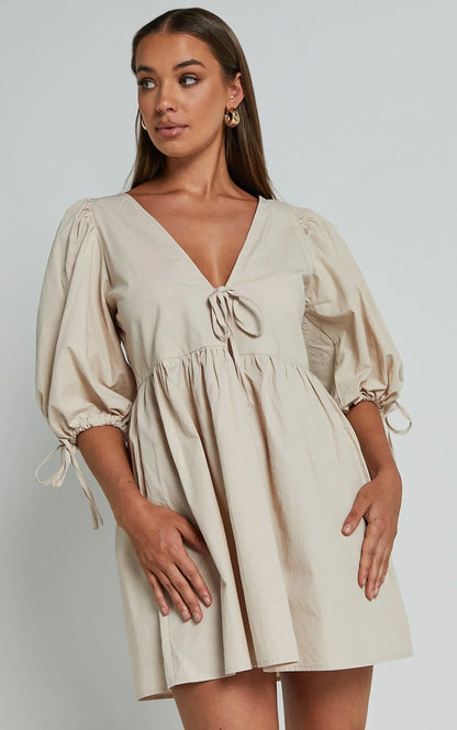 Rosita Mini Dress - Tie Front Puff Sleeve Dress in Stone
