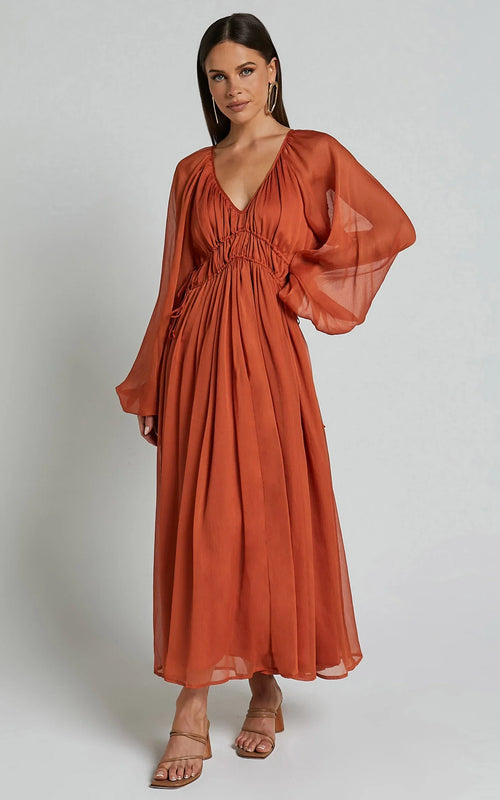 Roxanna Maxi Dress - Long Sleeve Ruched Waist Dress in Rust