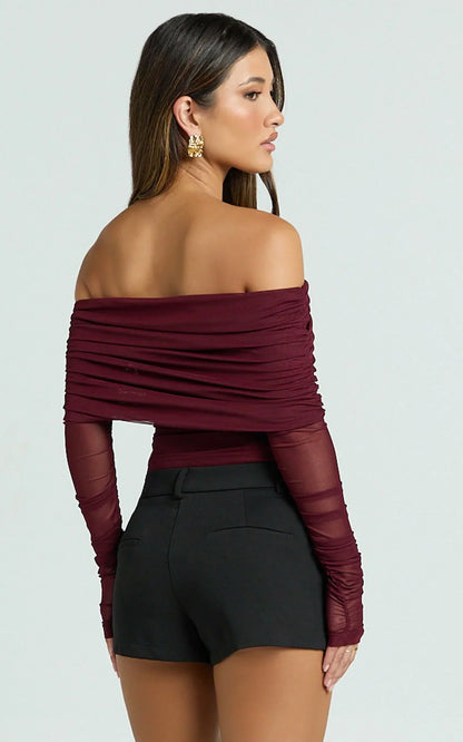 Roza Top - Asymmetric Long Sleeve One Shoulder Top in Wine