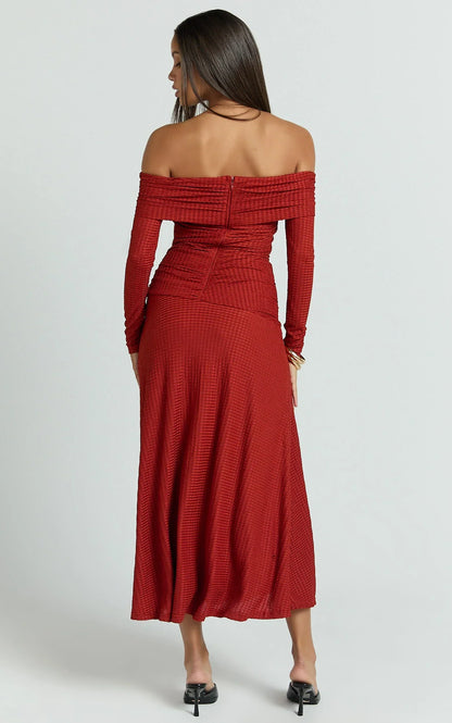 Perla Maxi Dress - Off The Shoulder Sleeve Drop Waist Dress in Red