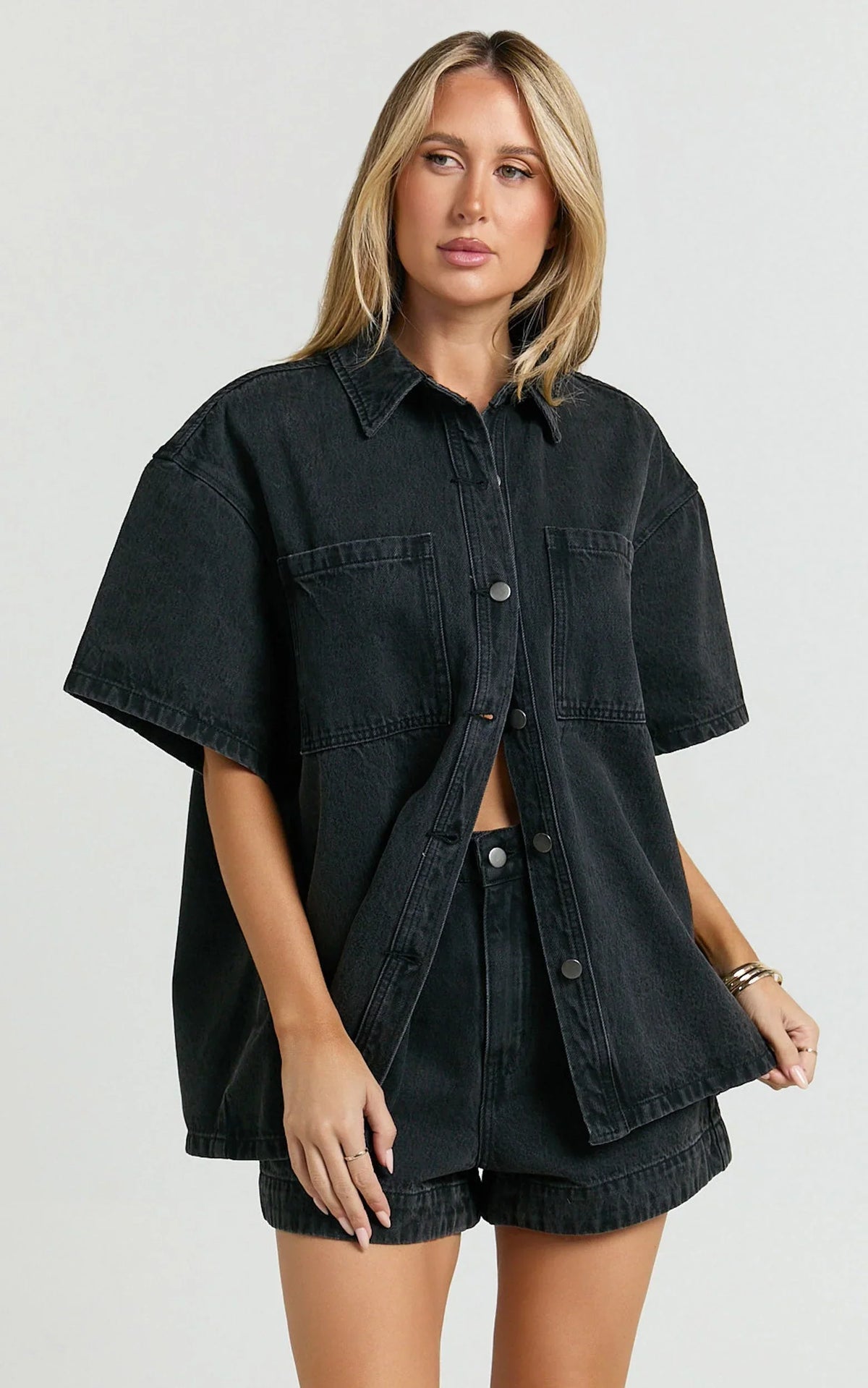 Rhianna Top - Oversized Recycled Denim Short Sleeve Shirt in Washed Black