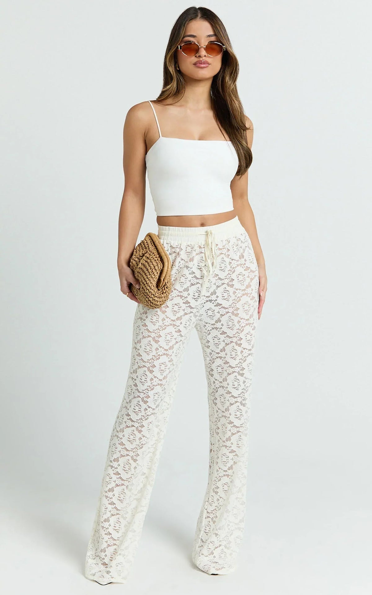 Roxy Pants - High Waist Lace Relaxed Drawstring Pants in Off White