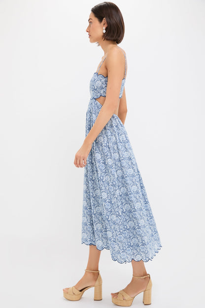 Blue Medallion Floral Estelle Scalloped Dress
